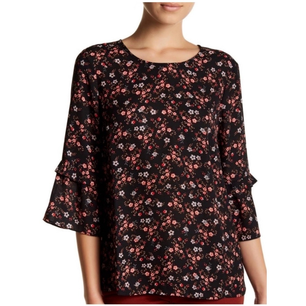 DR2 Daniel Rainn Women's Size Medium Blouse Black Multi Floral Print Bell Sleeve